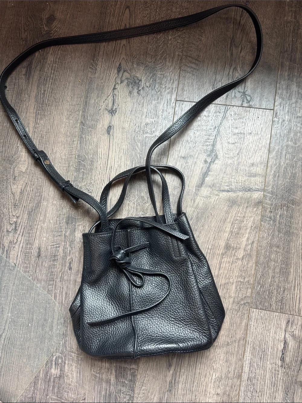 Black Leather Drawstring mini Crossbody Bag